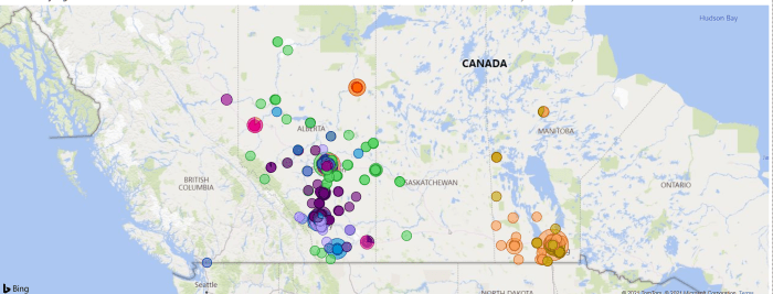 PowerBI - Geographical Map Heat dashboard for Account Sales coloured by Account Size Heat bubble varies by Sales