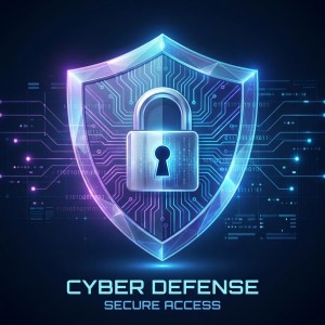 Glowing digital shield with a padlock, circuit lines, and text "CYBER DEFENSE SECURE ACCESS".