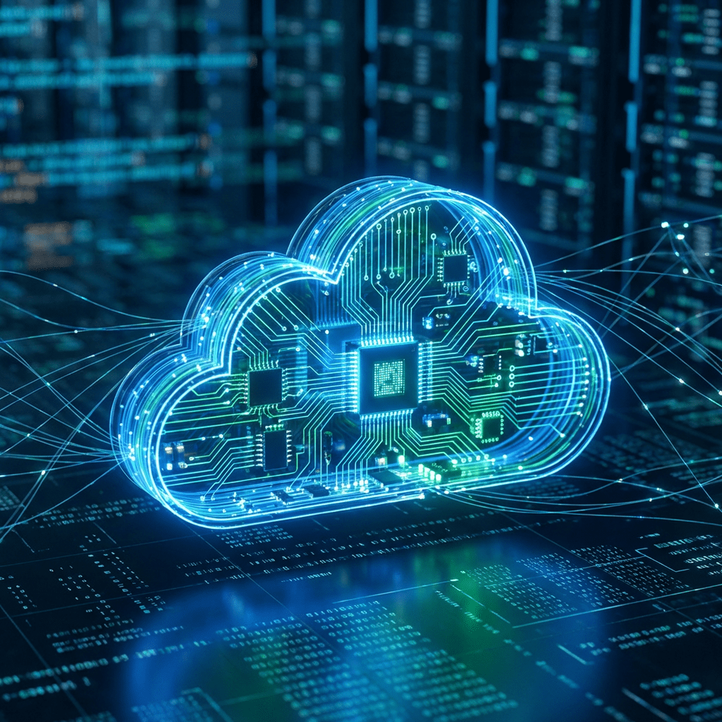 Glowing neon cloud icon with circuit board details in a dark server room environment.