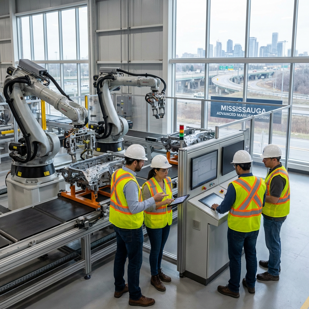 Four engineers in safety gear monitoring robotic arms in a Mississauga manufacturing facility.