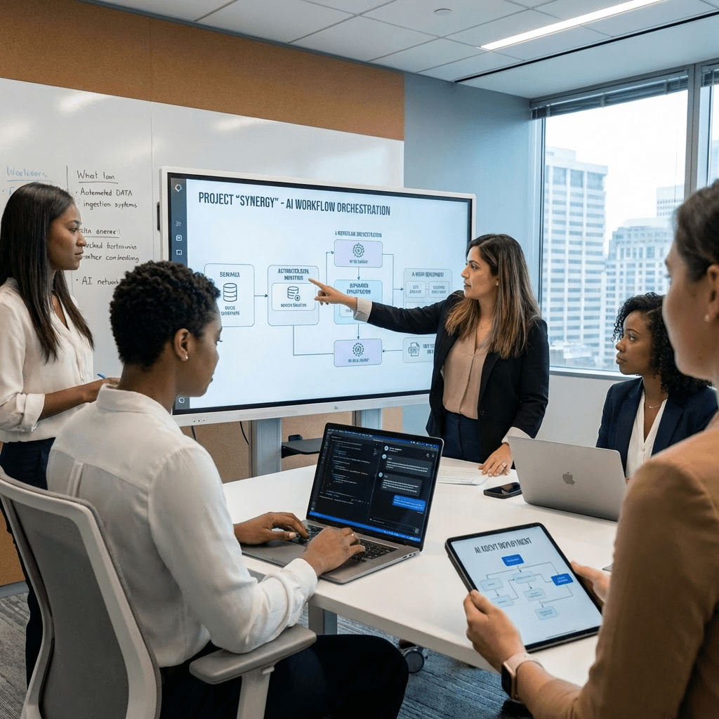 Team in a meeting viewing an AI workflow orchestration presentation on a large digital display in Toronto GTHA
