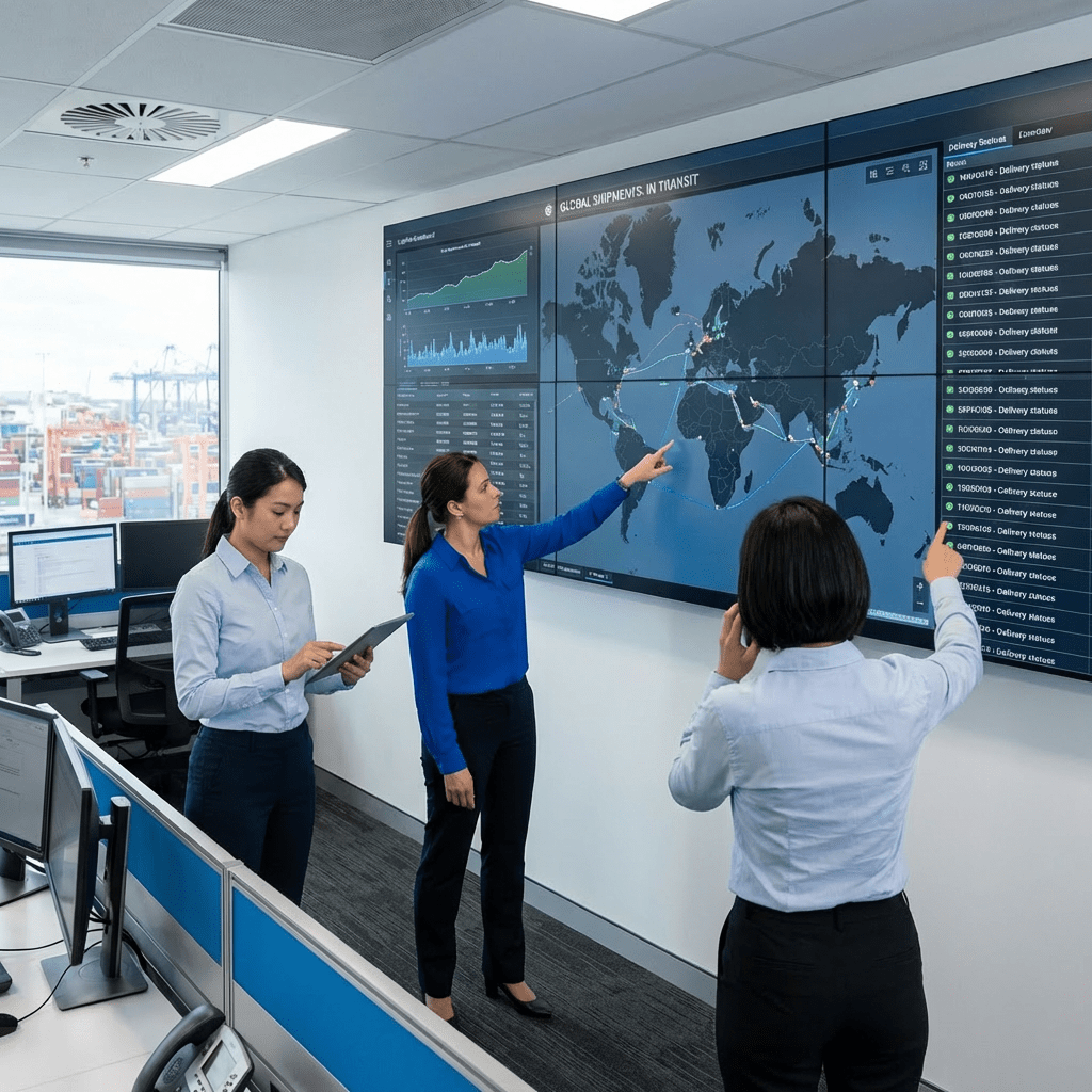 Logistics team monitoring a global shipments map and data on a large digital screen in Hamilton Toronto GTHA