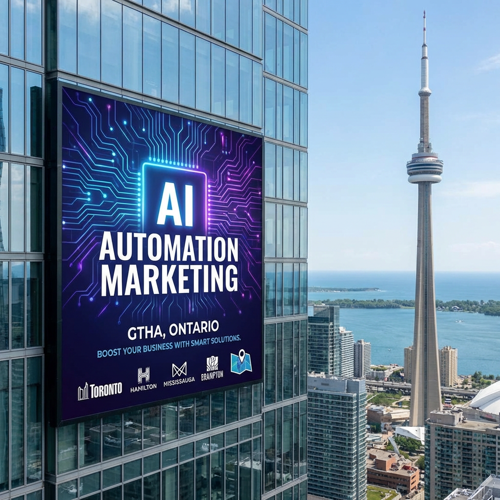 Billboard on a skyscraper displays AI AUTOMATION MARKETING GTHA, ONTARIO with various city logos.