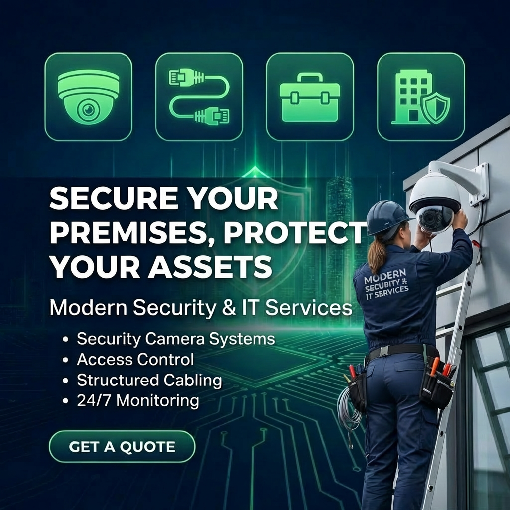 SECURE YOUR PREMISES, PROTECT YOUR ASSETS. Modern Security & IT Services. Security Camera Systems, Access Control, Structured Cabling, 24/7 Monitoring. GET A QUOTE button.