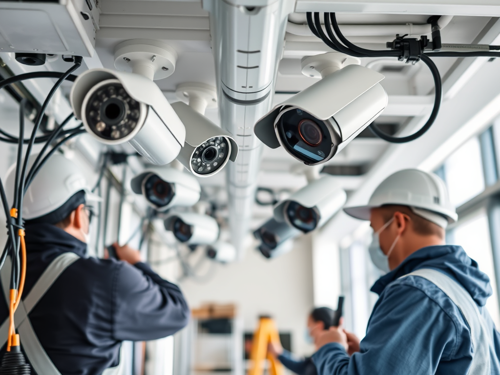 Technicians installing advanced security cameras and networking equipment in an office setting